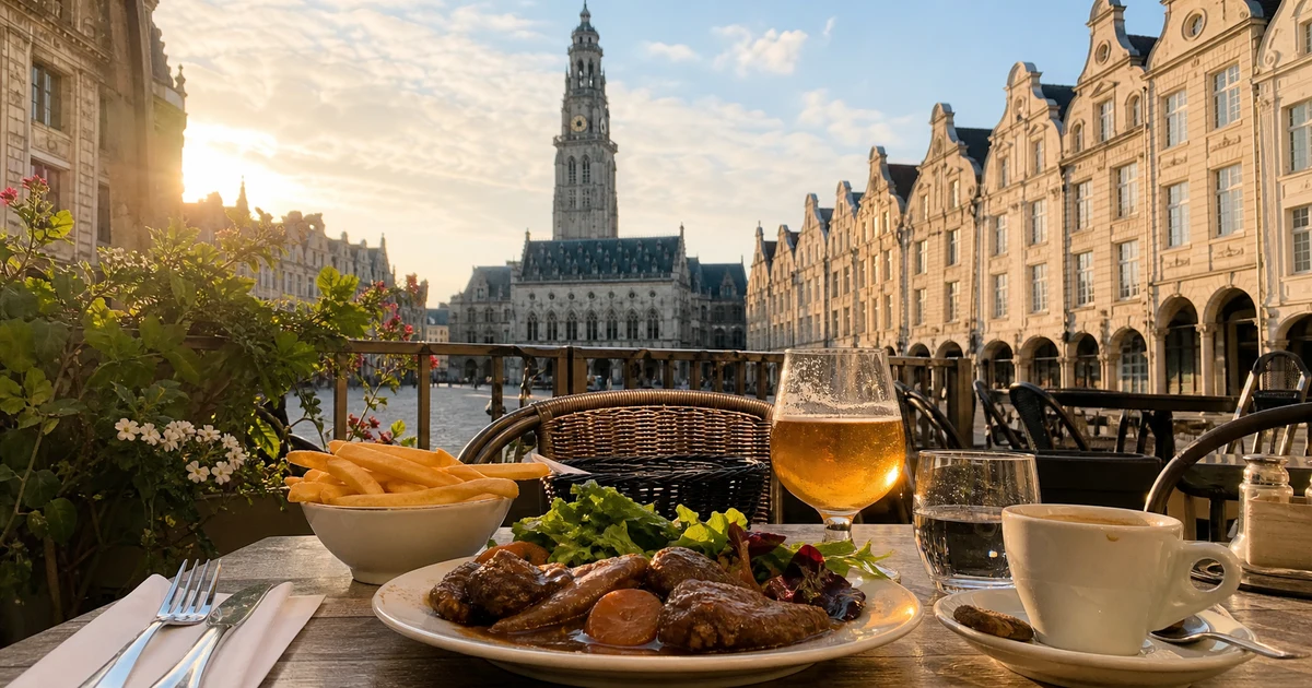 Terrace table facing the belfry and the historic facades of Arras